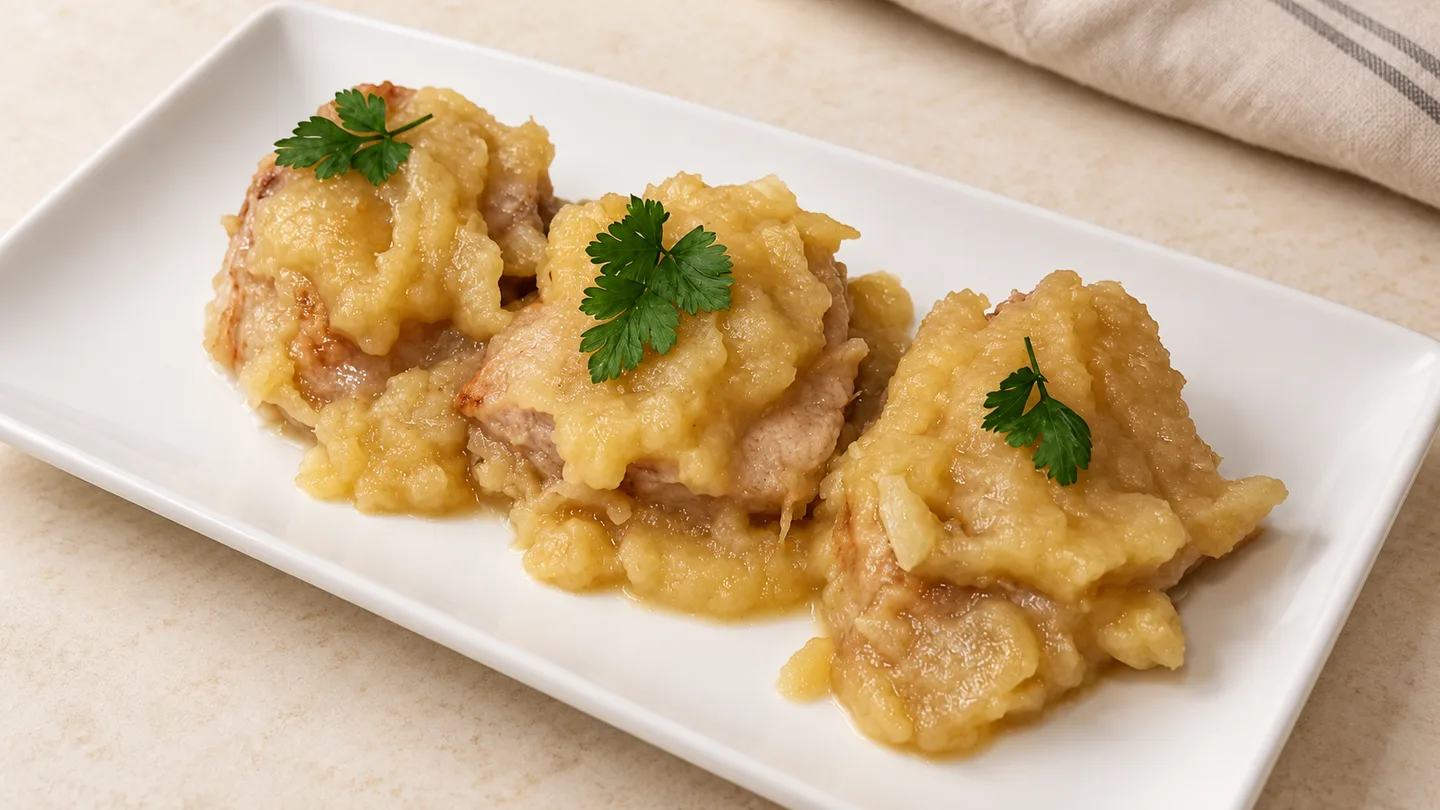 Solomillo de cerdo en salsa de manzana, servido en un plato blanco rectangular y decorado con perejil