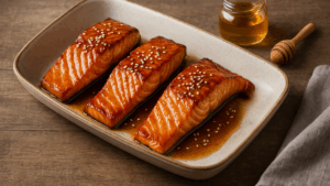 ingredientes salmón en freidora de aire con miel y salsa de soja
